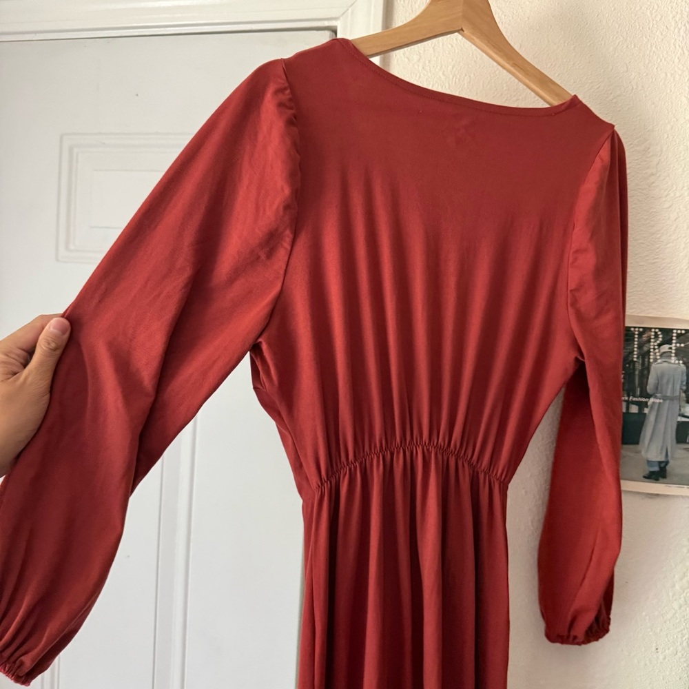WILLIE & LOU salmon peach long sleeve surplice knit bamboo Lycra midi dress - Picture 5 of 7